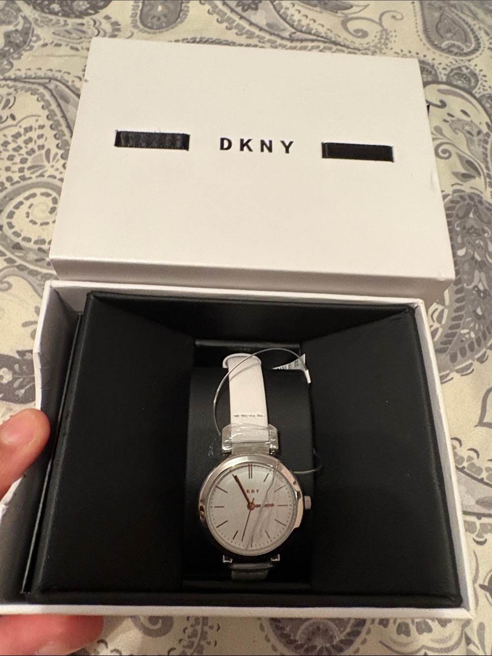 DKNY Silver and White Men’s Leather Strap Watch